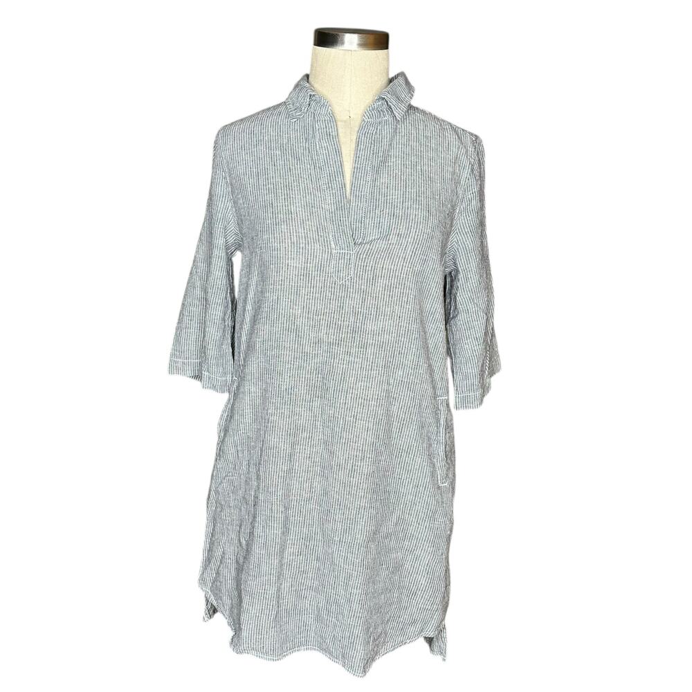 LAJU Gray White Striped Linen Tunic Top Women's‎ Size Small Lagenlook Neutral
